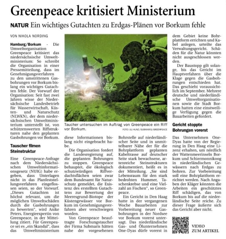 20230429 Ostfriesenzeitung_Greenpeace kritisiert Ministerium